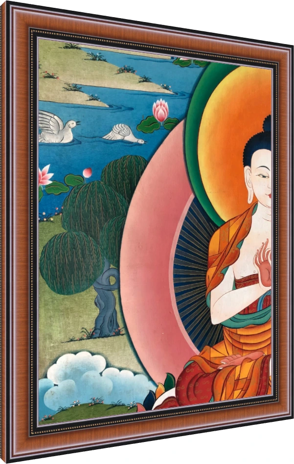 Traditional Tibetan Thangka painting showing a close-up of Lord Buddha with a colorful halo, serene landscape, and lotuses. — photo frame preview | PrintPosters.in