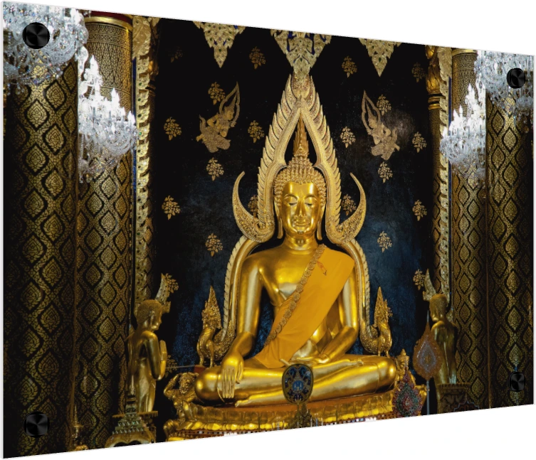 A majestic golden statue of Phra Buddha Chinnarat seated in meditation against a dark, ornate background with chandeliers. — acrylic preview | PrintPosters.in
