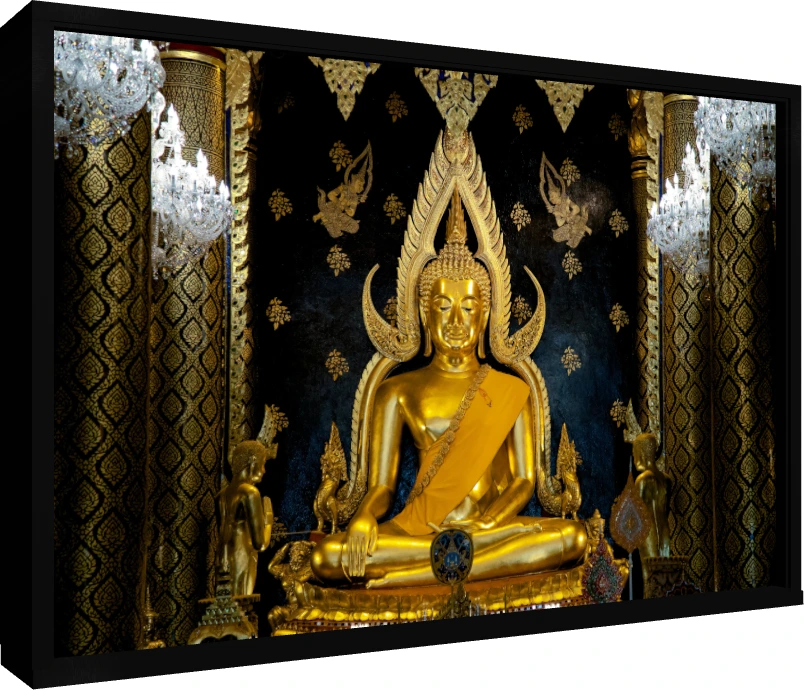 A majestic golden statue of Phra Buddha Chinnarat seated in meditation against a dark, ornate background with chandeliers. — floater frame preview | PrintPosters.in
