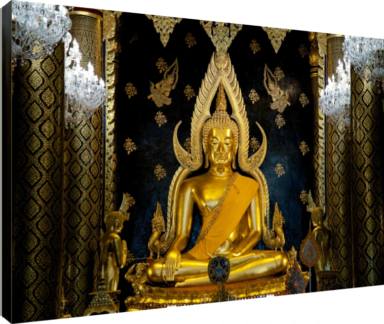 A majestic golden statue of Phra Buddha Chinnarat seated in meditation against a dark, ornate background with chandeliers. | PrintPosters.in