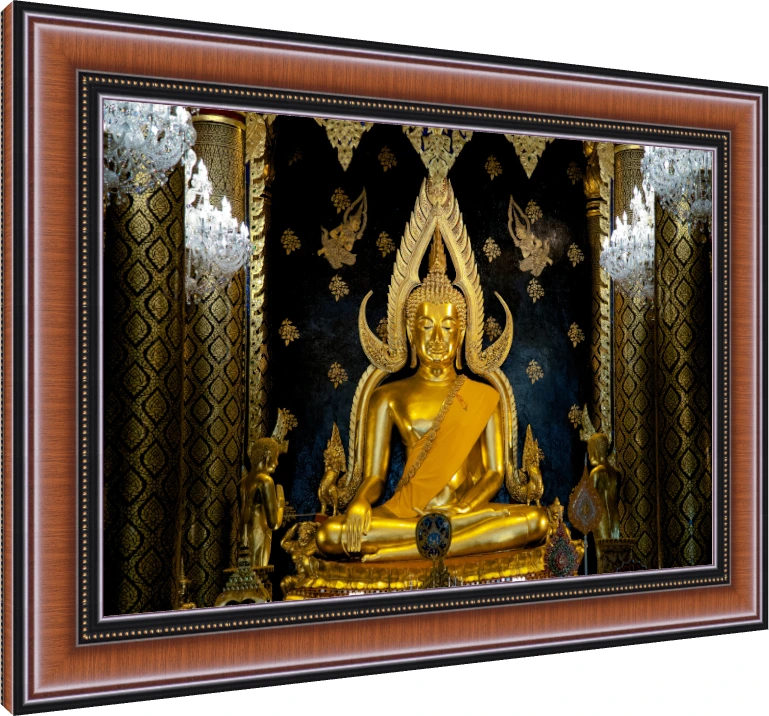 A majestic golden statue of Phra Buddha Chinnarat seated in meditation against a dark, ornate background with chandeliers. — photo frame preview | PrintPosters.in