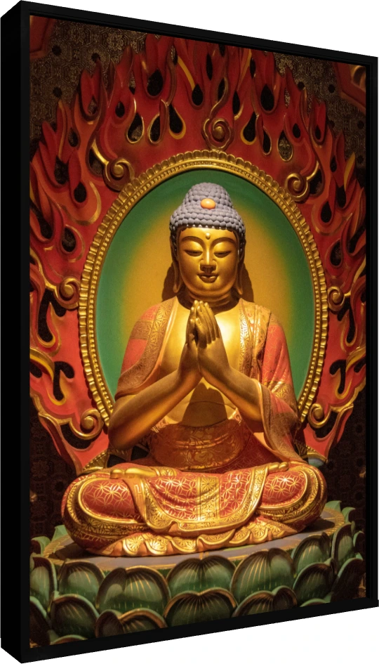 Golden Buddha with Fiery Mandala Canvas wall art print — floater frame preview | PrintPosters.in