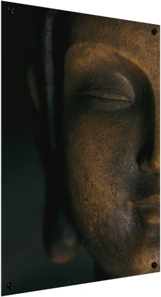 A close-up photograph of a dark bronze Lord Buddha face statue, illuminated from one side with deep shadows. — acrylic preview | PrintPosters.in