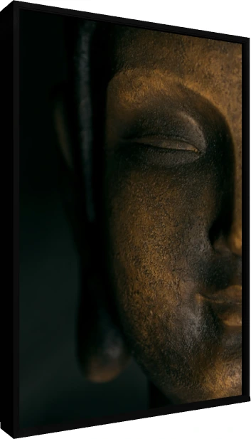 A close-up photograph of a dark bronze Lord Buddha face statue, illuminated from one side with deep shadows. — floater frame preview | PrintPosters.in