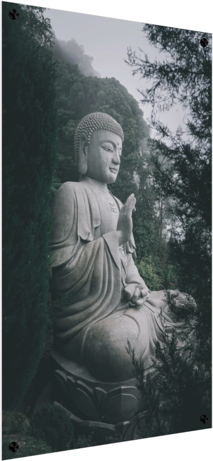 A large stone statue of Lord Buddha meditating amidst a misty green forest, featuring a sacred swastika on his chest. — acrylic preview | PrintPosters.in