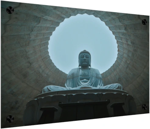 A low-angle photograph of a giant stone Lord Buddha statue framed by a circular concrete opening against a clear sky. — acrylic preview | PrintPosters.in
