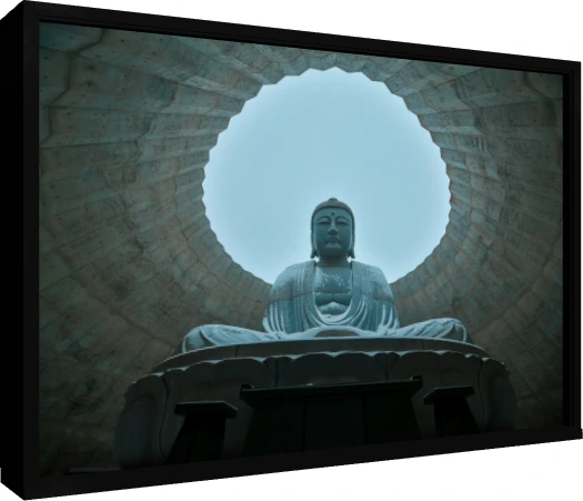 A low-angle photograph of a giant stone Lord Buddha statue framed by a circular concrete opening against a clear sky. — floater frame preview | PrintPosters.in