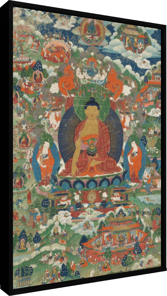 Traditional Tibetan Shakyamuni Buddha Thangka wall art print — floater frame preview | PrintPosters.in