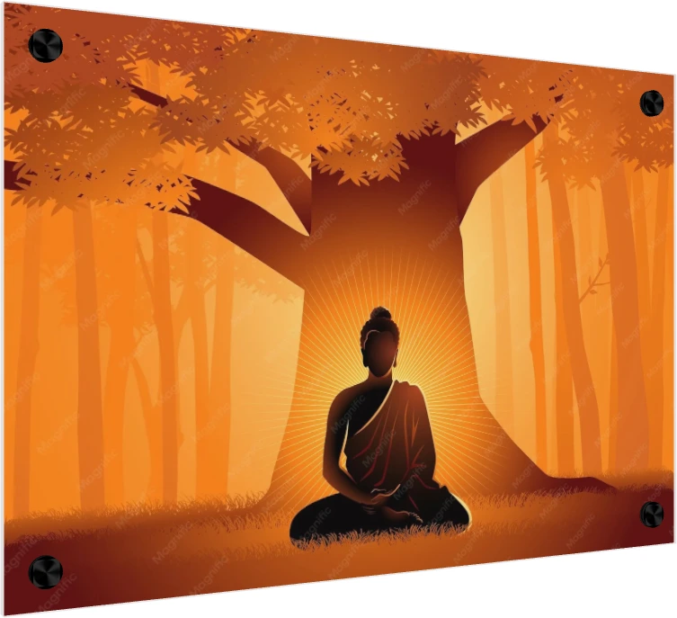 Silhouette of Lord Buddha meditating under a large Bodhi tree with a glowing golden sunburst aura in an orange forest. — acrylic preview | PrintPosters.in