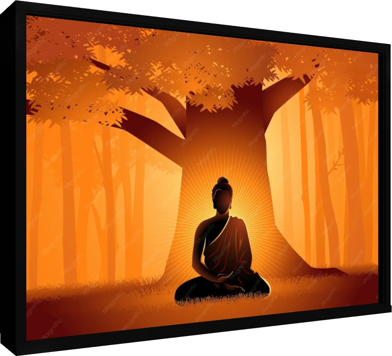 Silhouette of Lord Buddha meditating under a large Bodhi tree with a glowing golden sunburst aura in an orange forest. — floater frame preview | PrintPosters.in