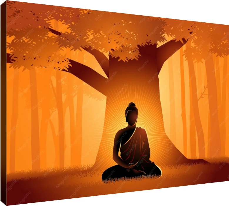 Silhouette of Lord Buddha meditating under a large Bodhi tree with a glowing golden sunburst aura in an orange forest. | PrintPosters.in