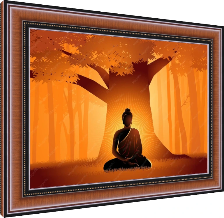 Silhouette of Lord Buddha meditating under a large Bodhi tree with a glowing golden sunburst aura in an orange forest. — photo frame preview | PrintPosters.in