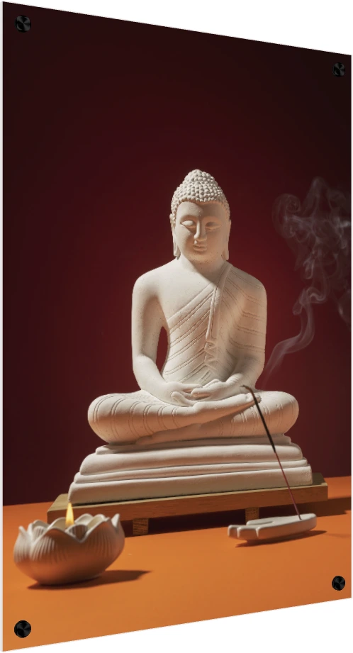 A white Lord Buddha statue in meditation pose with burning incense and a lit lotus candle against a red background. — acrylic preview | PrintPosters.in