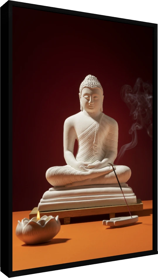 A white Lord Buddha statue in meditation pose with burning incense and a lit lotus candle against a red background. — floater frame preview | PrintPosters.in