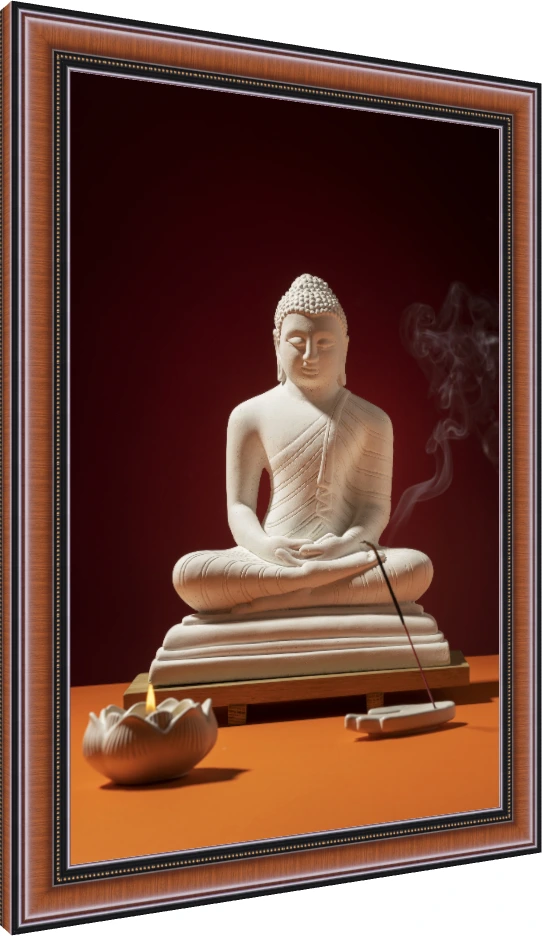 A white Lord Buddha statue in meditation pose with burning incense and a lit lotus candle against a red background. — photo frame preview | PrintPosters.in