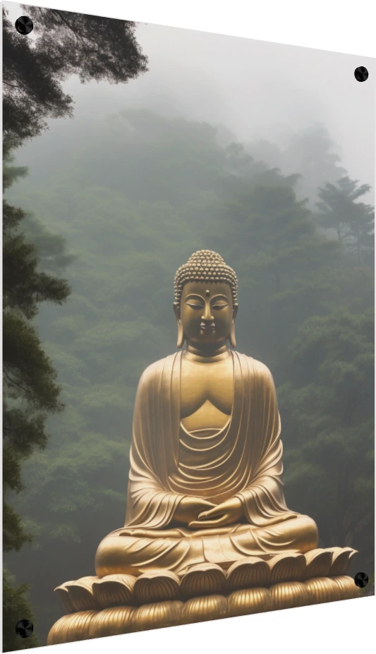 A majestic golden statue of Gautama Buddha meditating on a lotus throne against a misty green forest background. — acrylic preview | PrintPosters.in