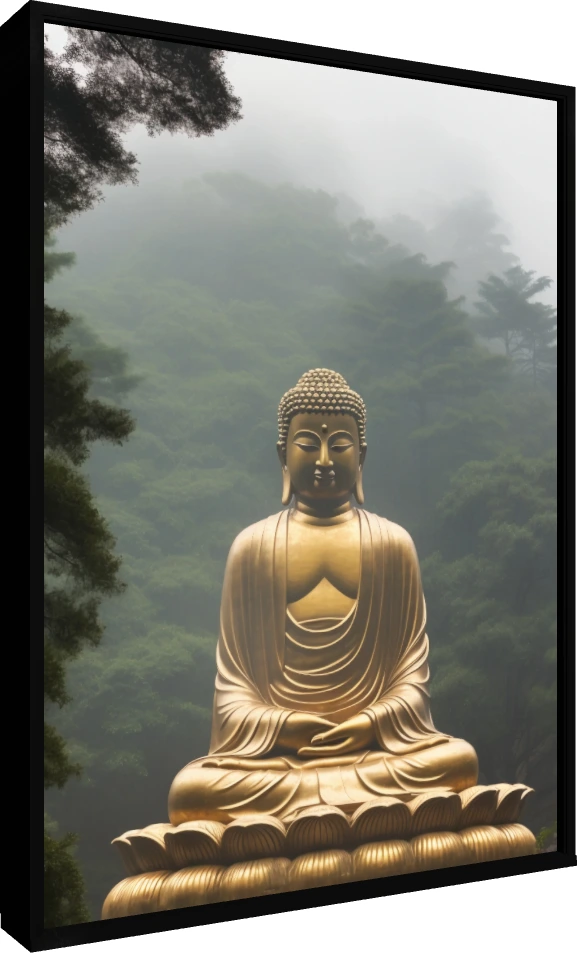 A majestic golden statue of Gautama Buddha meditating on a lotus throne against a misty green forest background. — floater frame preview | PrintPosters.in