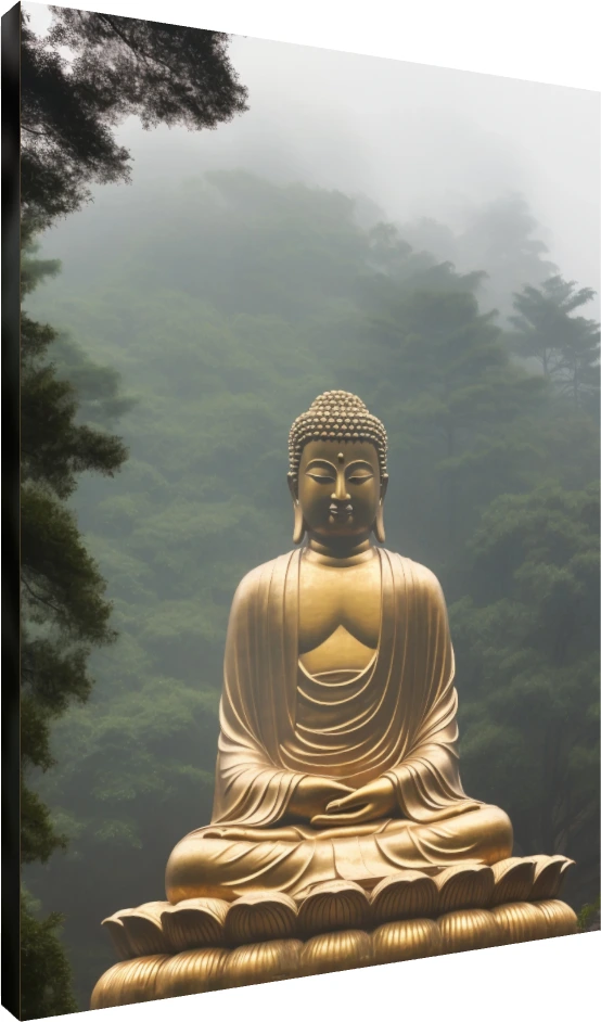 A majestic golden statue of Gautama Buddha meditating on a lotus throne against a misty green forest background. | PrintPosters.in