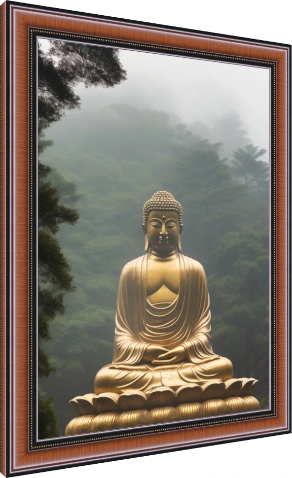 A majestic golden statue of Gautama Buddha meditating on a lotus throne against a misty green forest background. — photo frame preview | PrintPosters.in