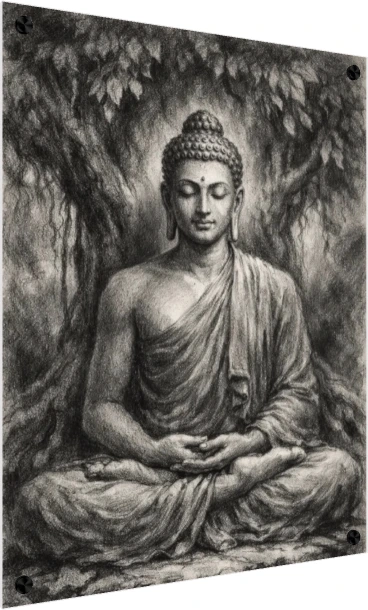 A monochrome charcoal sketch of Lord Buddha meditating in lotus position under a leafy Bodhi tree. — acrylic preview | PrintPosters.in
