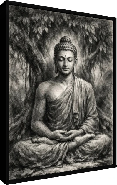 A monochrome charcoal sketch of Lord Buddha meditating in lotus position under a leafy Bodhi tree. — floater frame preview | PrintPosters.in