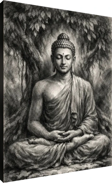 A monochrome charcoal sketch of Lord Buddha meditating in lotus position under a leafy Bodhi tree. | PrintPosters.in