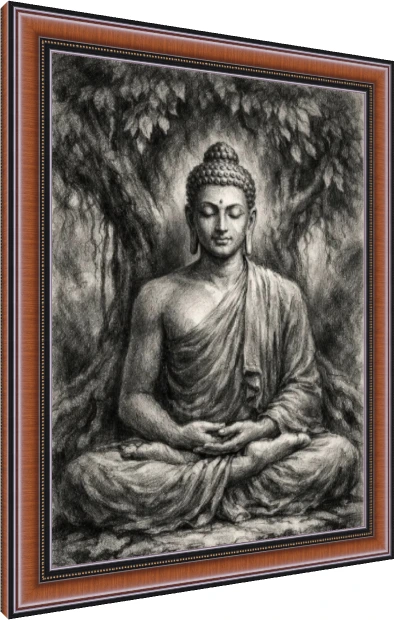 A monochrome charcoal sketch of Lord Buddha meditating in lotus position under a leafy Bodhi tree. — photo frame preview | PrintPosters.in