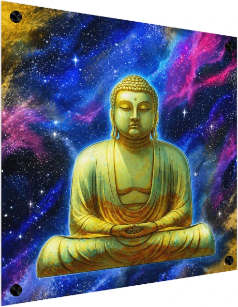 A serene golden Buddha statue meditating in front of a vibrant blue and magenta cosmic galaxy background. — acrylic preview | PrintPosters.in