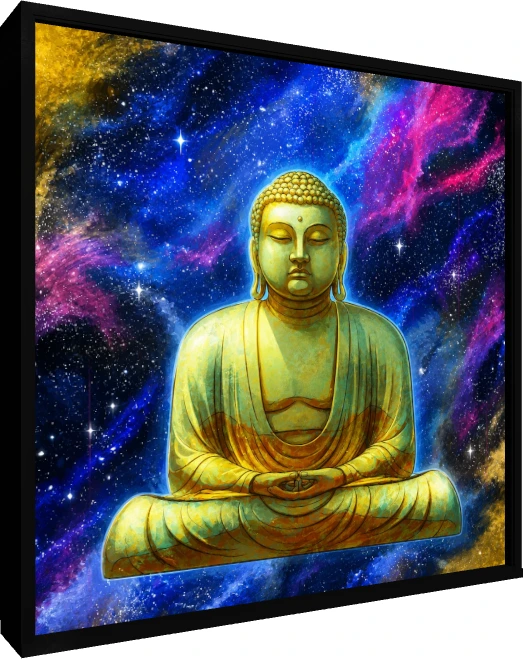 A serene golden Buddha statue meditating in front of a vibrant blue and magenta cosmic galaxy background. — floater frame preview | PrintPosters.in