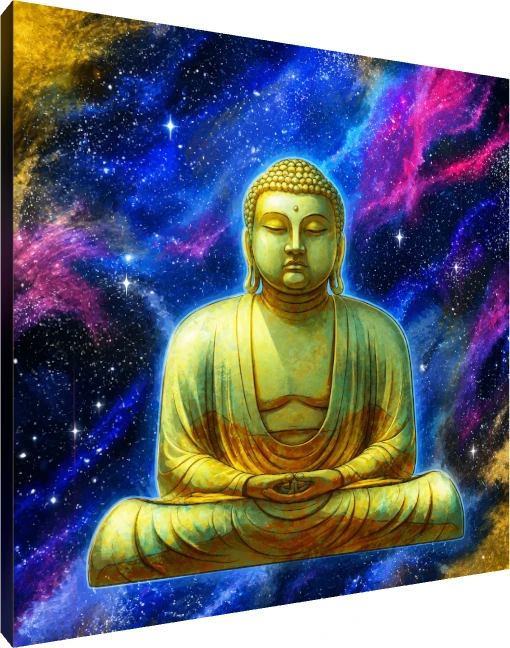 A serene golden Buddha statue meditating in front of a vibrant blue and magenta cosmic galaxy background. | PrintPosters.in