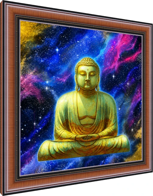 A serene golden Buddha statue meditating in front of a vibrant blue and magenta cosmic galaxy background. — photo frame preview | PrintPosters.in