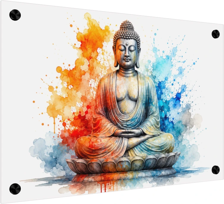 A vibrant watercolor painting of Gautama Buddha meditating in Dhyana Mudra on a lotus, with colorful orange and blue splashes. — acrylic preview | PrintPosters.in