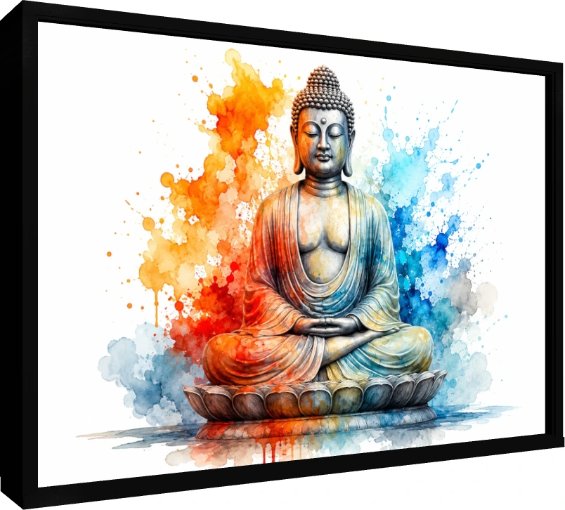 A vibrant watercolor painting of Gautama Buddha meditating in Dhyana Mudra on a lotus, with colorful orange and blue splashes. — floater frame preview | PrintPosters.in
