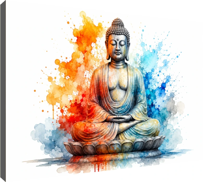 A vibrant watercolor painting of Gautama Buddha meditating in Dhyana Mudra on a lotus, with colorful orange and blue splashes. | PrintPosters.in