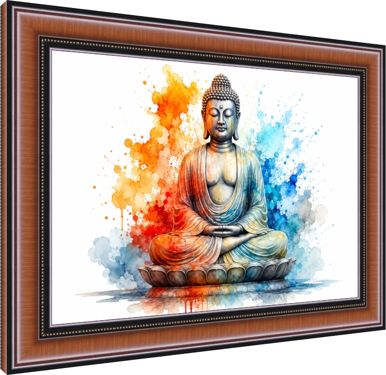 A vibrant watercolor painting of Gautama Buddha meditating in Dhyana Mudra on a lotus, with colorful orange and blue splashes. — photo frame preview | PrintPosters.in