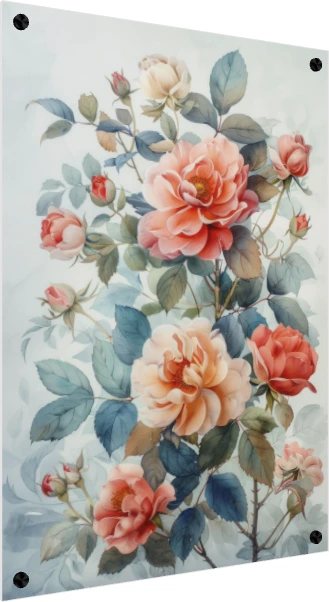 Soft watercolor illustration of peach and coral roses with muted blue-green leaves on light background. — acrylic preview | PrintPosters.in