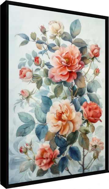 Soft watercolor illustration of peach and coral roses with muted blue-green leaves on light background. — floater frame preview | PrintPosters.in