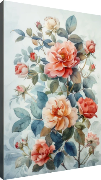 Soft watercolor illustration of peach and coral roses with muted blue-green leaves on light background. | PrintPosters.in