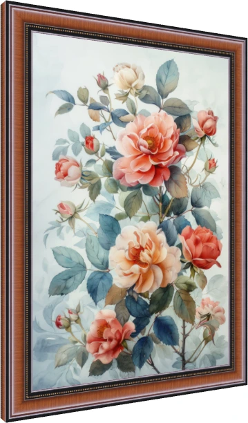 Soft watercolor illustration of peach and coral roses with muted blue-green leaves on light background. — photo frame preview | PrintPosters.in