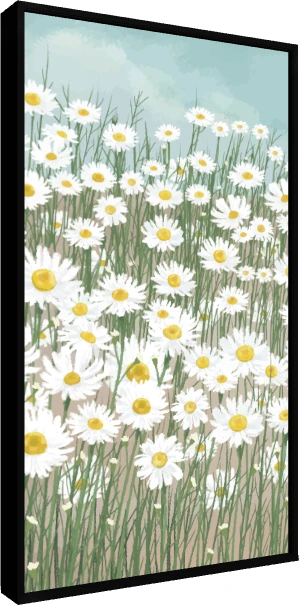 Impressionistic painterly illustration of a dense field of blooming white daisies under a light blue sky. — floater frame preview | PrintPosters.in