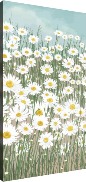 Impressionistic painterly illustration of a dense field of blooming white daisies under a light blue sky. | PrintPosters.in