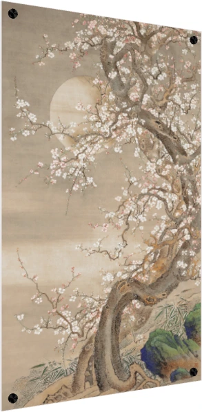 Traditional Asian ink painting of an ancient gnarled plum tree with white flowers against a glowing full moon. — acrylic preview | PrintPosters.in