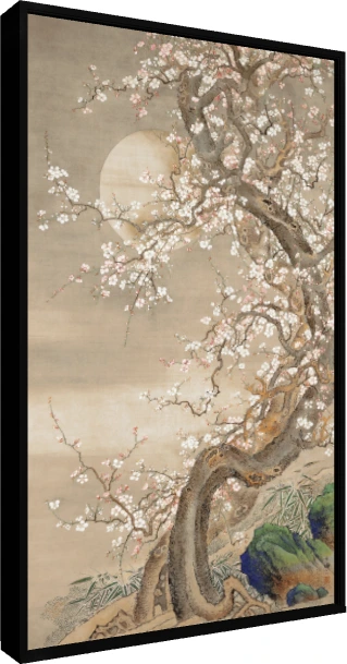 Traditional Asian ink painting of an ancient gnarled plum tree with white flowers against a glowing full moon. — floater frame preview | PrintPosters.in