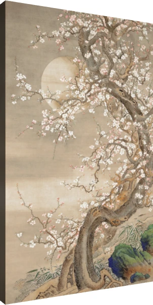 Traditional Asian ink painting of an ancient gnarled plum tree with white flowers against a glowing full moon. | PrintPosters.in