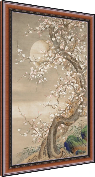 Traditional Asian ink painting of an ancient gnarled plum tree with white flowers against a glowing full moon. — photo frame preview | PrintPosters.in
