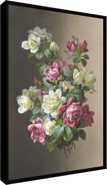 Classical botanical illustration of pink and creamy white roses blooming with rich green leaves on a warm dual-tone background. — floater frame preview | PrintPosters.in