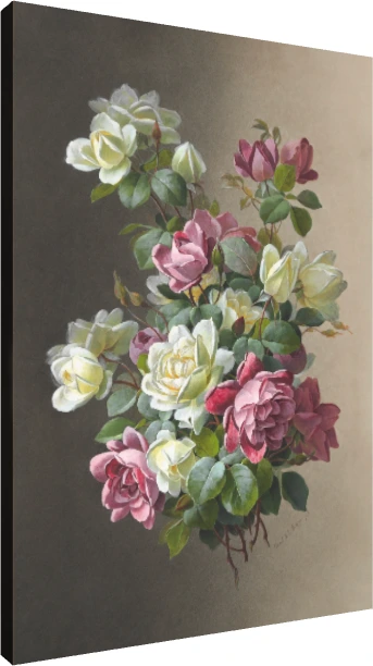 Classical botanical illustration of pink and creamy white roses blooming with rich green leaves on a warm dual-tone background. | PrintPosters.in