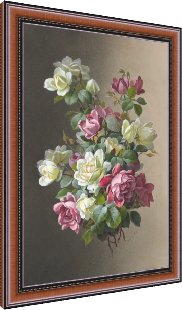 Classical botanical illustration of pink and creamy white roses blooming with rich green leaves on a warm dual-tone background. — photo frame preview | PrintPosters.in