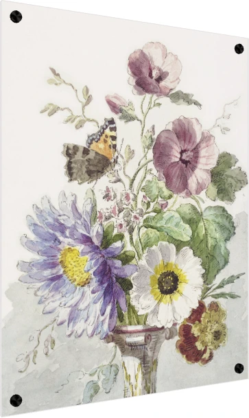 A delicate watercolor artwork of a floral bouquet with purple asters, hollyhocks, white flowers, and a perched butterfly. — acrylic preview | PrintPosters.in