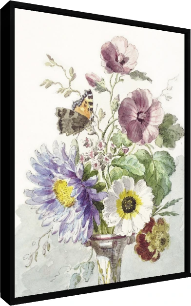 A delicate watercolor artwork of a floral bouquet with purple asters, hollyhocks, white flowers, and a perched butterfly. — floater frame preview | PrintPosters.in